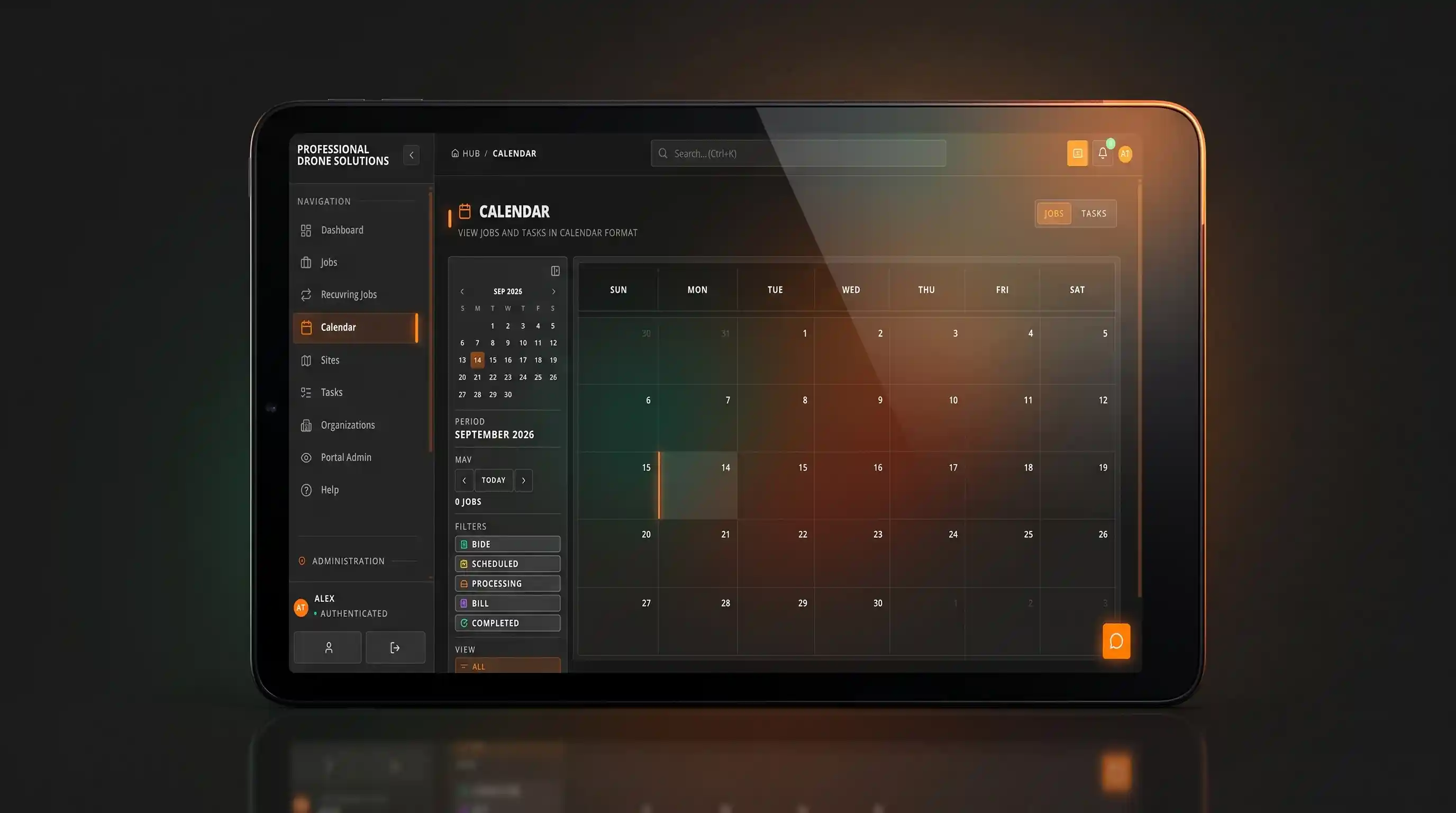 Calendario operativo en tablet, vista mensual con filtros por etapa del pipeline: Bids, Scheduled, Processing, Bill, Completed
